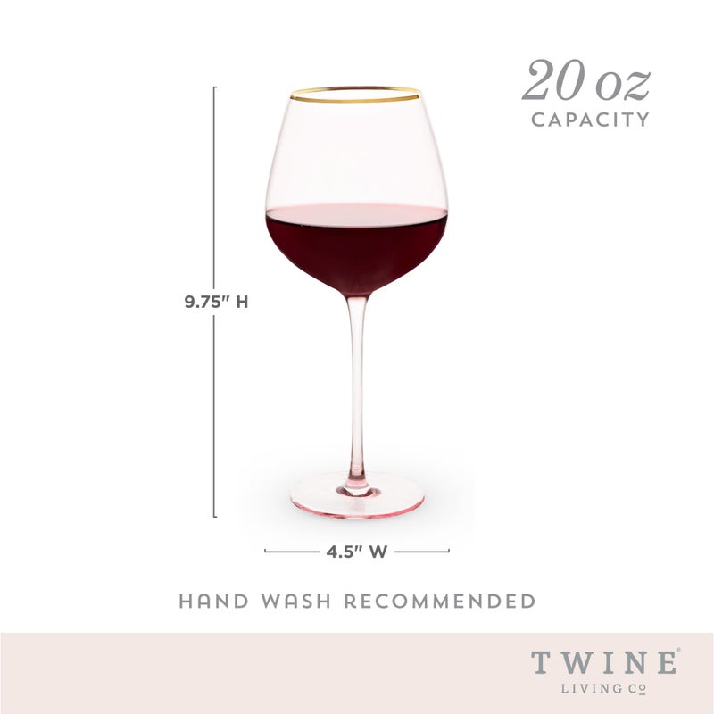Twine Rose Red Wine Glasses, Lead-Free Crystal, Pink Tinted Wine Glasses with Gold Rim, Long Stem Glassware Set for Wedding, Housewarming, Anniversary, Birthday Gifts, Home Bar, 20 oz, Set of 2 - Image 3